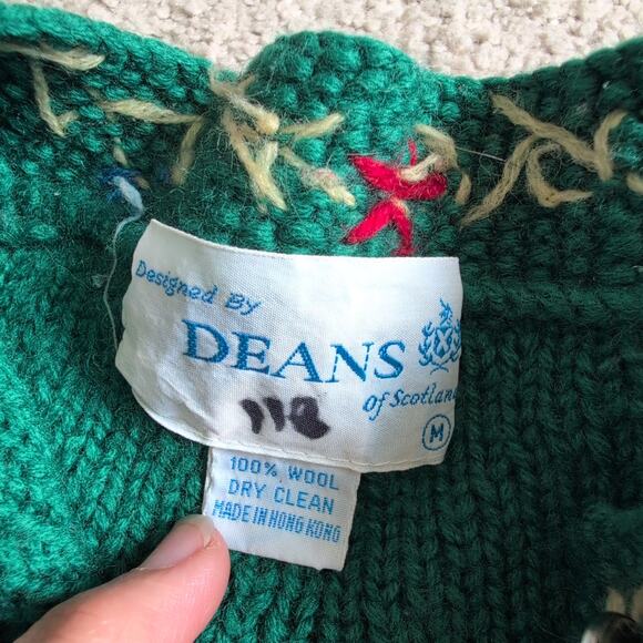 Vintage Deans of Scotland Wool Sweater Medium Green Floral Cardigan Cottagecore - Picture 3 of 6